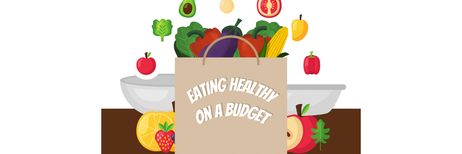 A brown paper bag full of fruits and vegetables with "Eating Healthy on a Budget" written on it, set on top of a table with a pair of bowls catching all kinds of fruits and veggies.