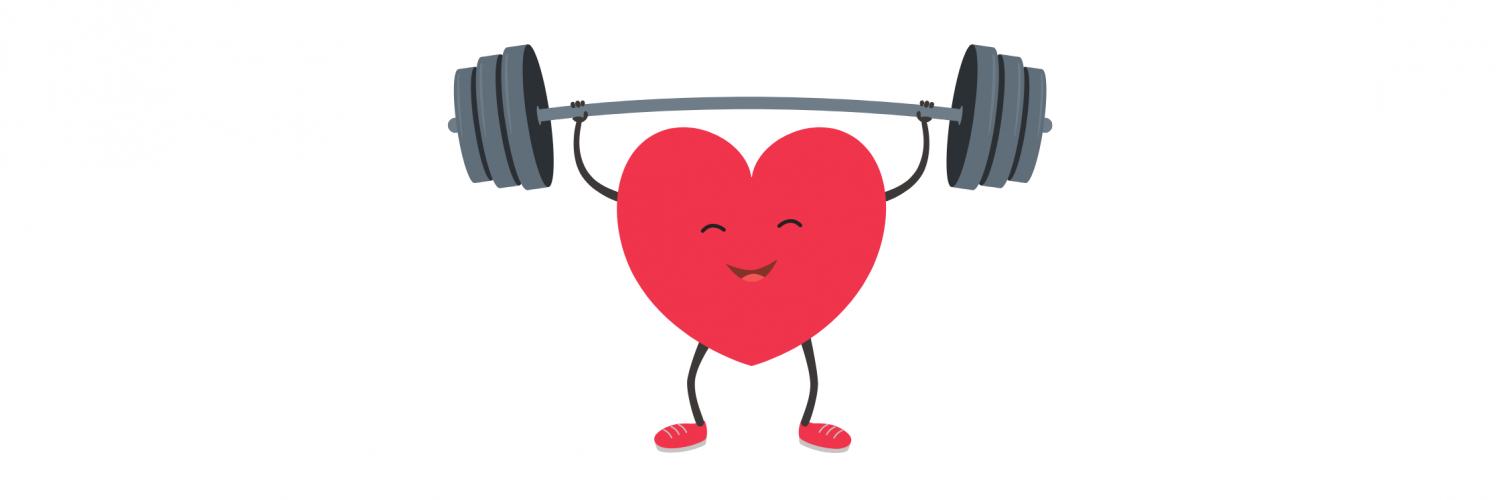 A smiling anthropomorphic heart lifting a barbell weight.