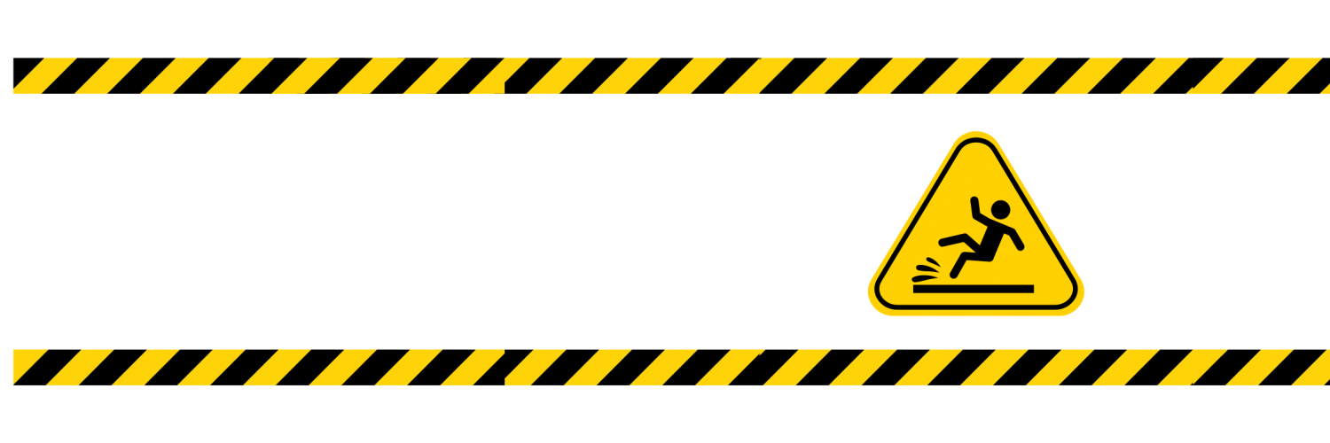 Slip and fall hazard sign with yellow caution tape borders