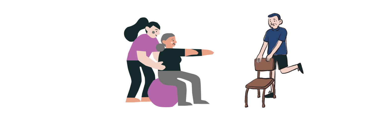 Older woman doing balance exercise on a balance ball assisted by a physical therapist. An older man does a balance stretch exercise with a chair.