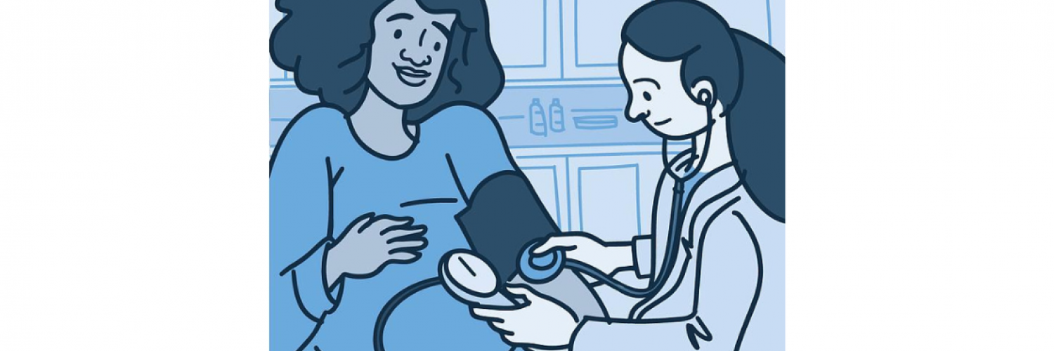 Illustration of healthcare provider taking pregnant woman’s blood pressure