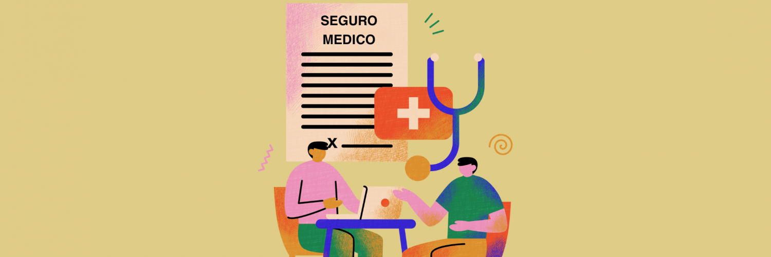 Illustration of 2 people talking at a table with a computer reviewing health insurance info