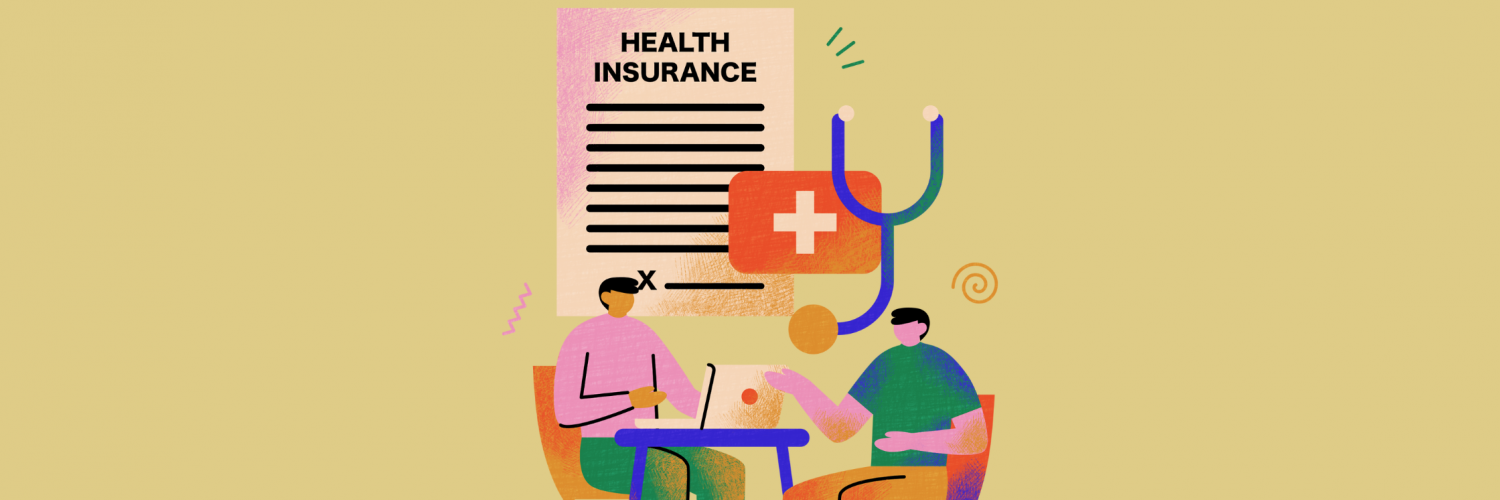 Illustration of 2 people talking at a table with a computer reviewing health insurance info