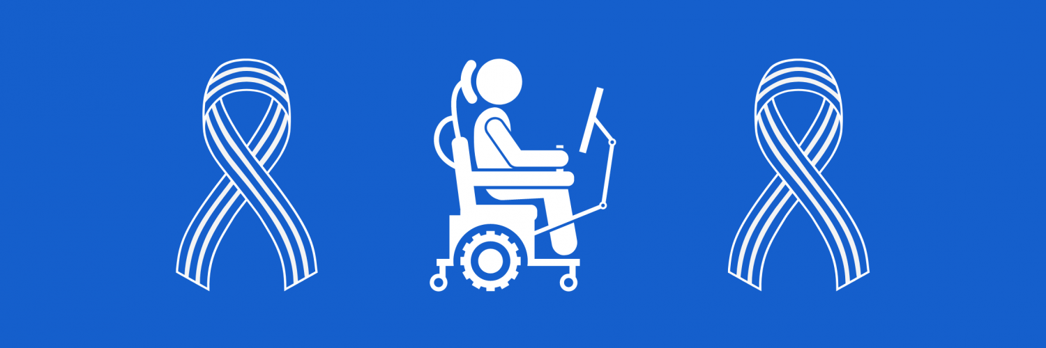 ALS patient wheelchair icon with Amyotrophic Lateral Sclerosis awareness ribbons on each side